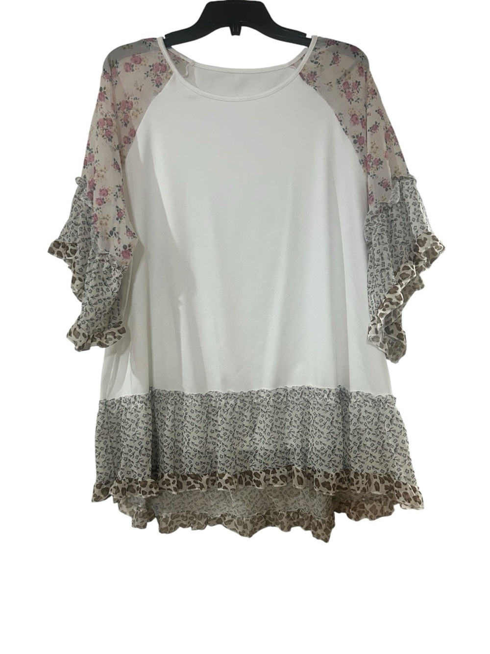 NWOT White Floral-Ruffle Tunic Top with Mixed Print Sleeves